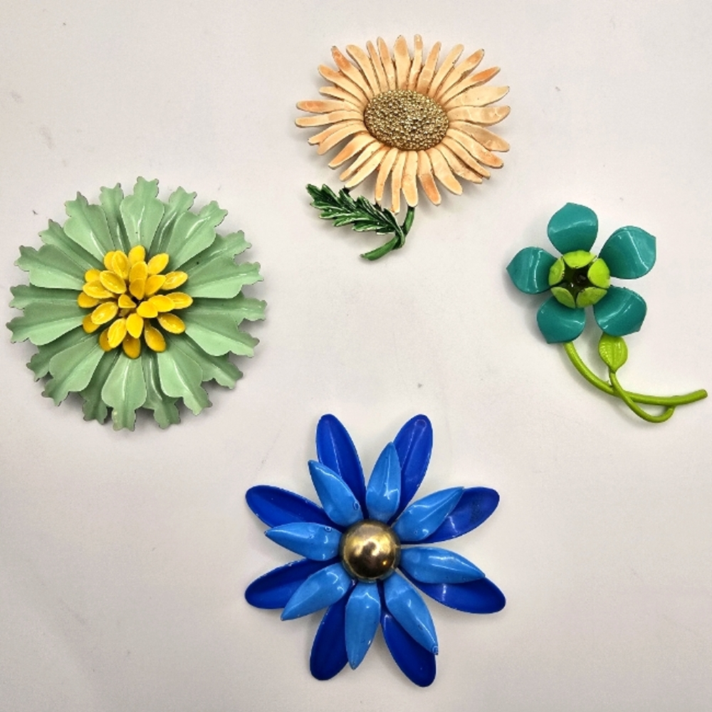 Mid-Century Enamel Flower Brooches Retro Colorful Lot